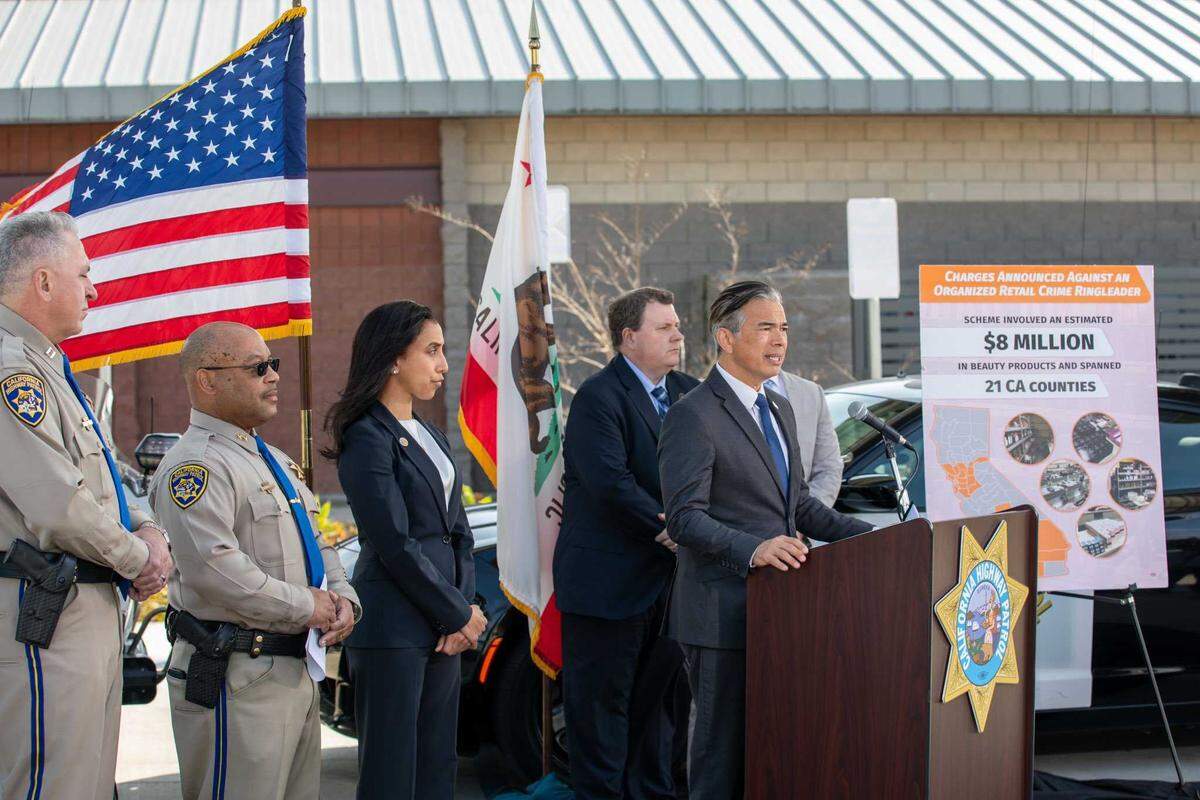 Attorney General Rob Bonta at a news conference Fridayin San Diego unveiled charges against a woman accused of orchestrating an $8 million organized retail theft spree across 21 counties&nbsp;— including Sacramento and Yolo counties — by recruiting people to steal from popular beauty retailers and then sold products for a lower value online.&nbsp;