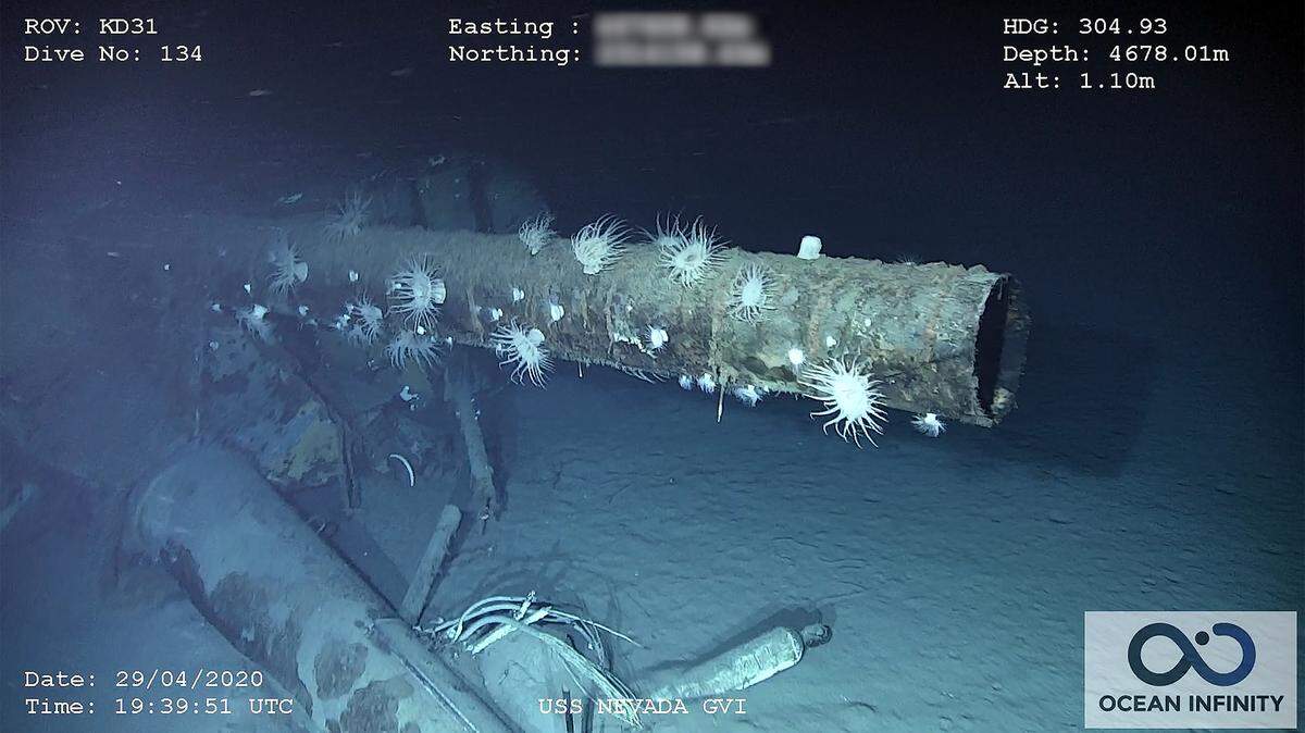 The USS Nevada battleship that survived the attack at Pearl Harbor and atomic bomb testing in the Marshall Islands has been found 15,400 feet down in the Pacific, according to SEARCH Inc. This photo shows the top of the foremast.