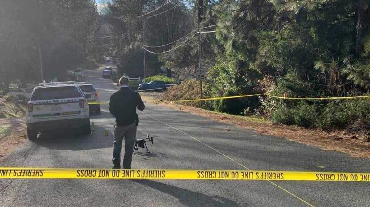An investigator with an unmanned aerial vehicle is seen Thursday, Feb. 4, 2021, at the scene of an officer-involved shooting with the Nevada County Sheriff’s Office. Deputies in the case, in which a woman with knife wsa killed, were placed on administrative leave.