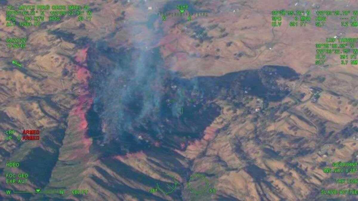 An image take from the Fire Integrated Real Time Intelligence System Intel 24 plane, operated by the Orange County Fire Authority on Saturday, May 21, 2022, shows aggressive direct retardant use on the Quail Fire in Solano County.