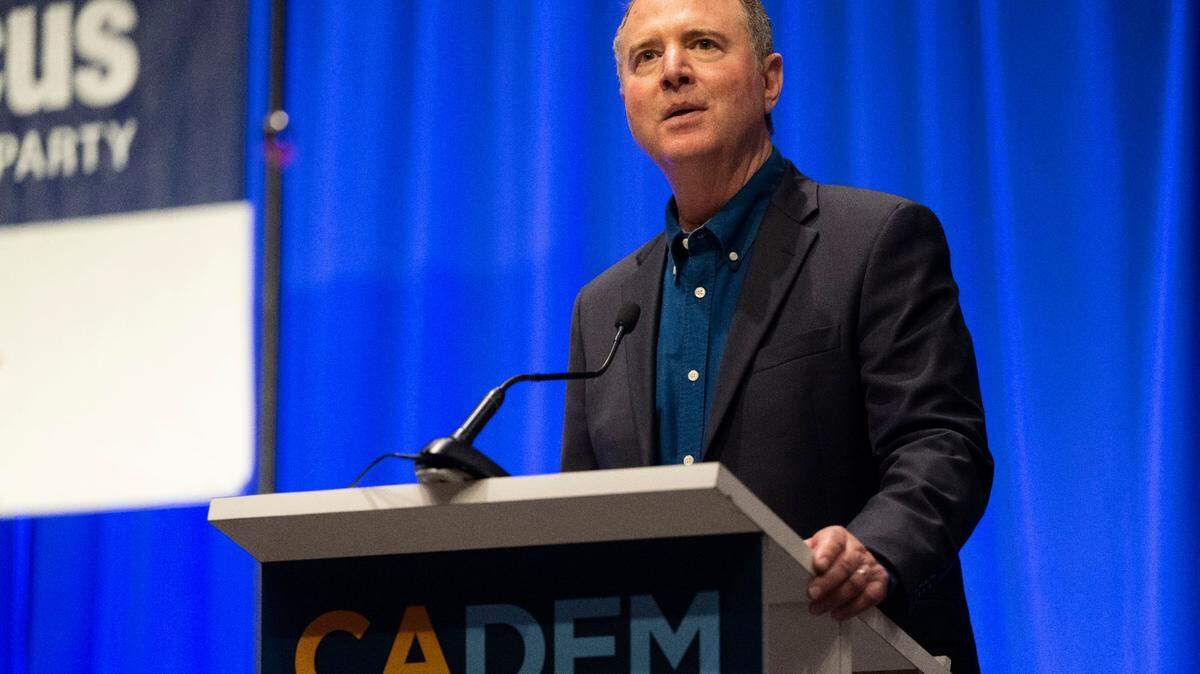 Rep. Adam Schiff, who is running for U.S. Senate, speaks to the Labor Caucus at the California Democratic Party fall endorsing convention on Friday, Nov. 17, 2023, at SAFE Credit Union Convention Center in Sacramento.