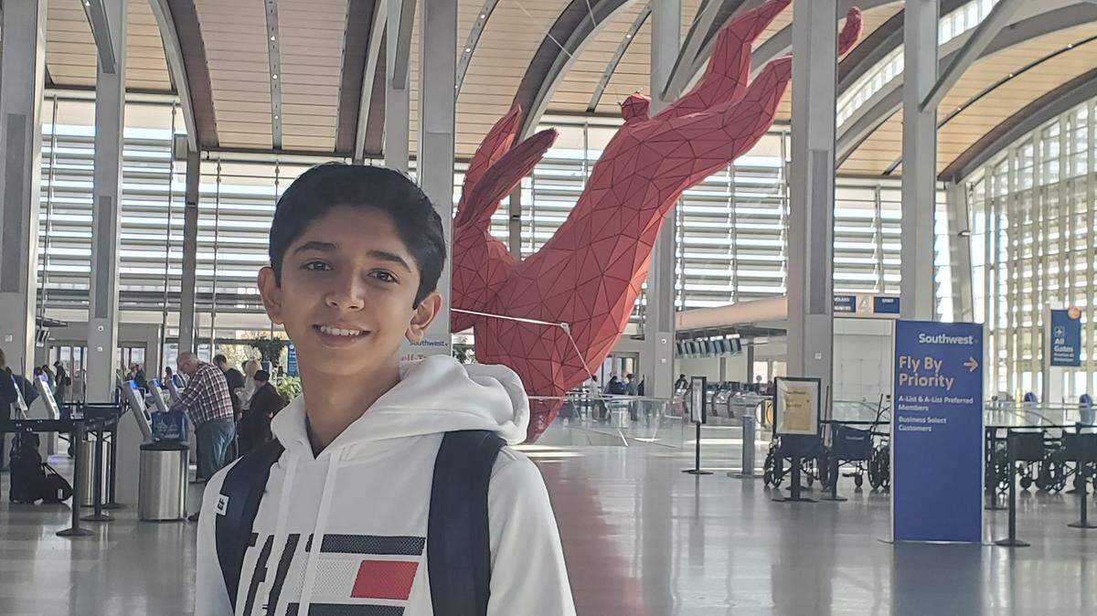 Akshaj Mehta at the Sacramento International Airport. Mehta is a published author, creator of writetolead.com and a 9th grader at Natomas Pacific Pathways Prep in Sacramento.