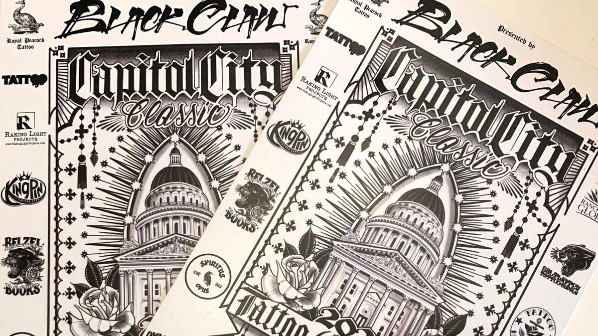 Photo illustration of fliers for the Capitol City Tattoo Convention in Sacramento from May 6 to May 8, 2022.