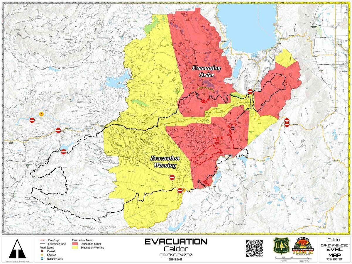 A Forest Service map shows evacuation orders and warnings still active due to the Caldor Fire.