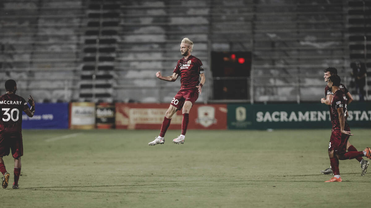 Republic FC’s Dariusz Formella celebrates after scoring one of his two goals in a 4-0 win against Portland Timbers 2 on Saturday in Sacramento.