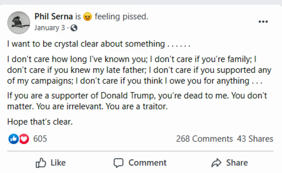Sacramento County Supervisor Phil Serna’s Facebook post, Jan. 3, 2021.