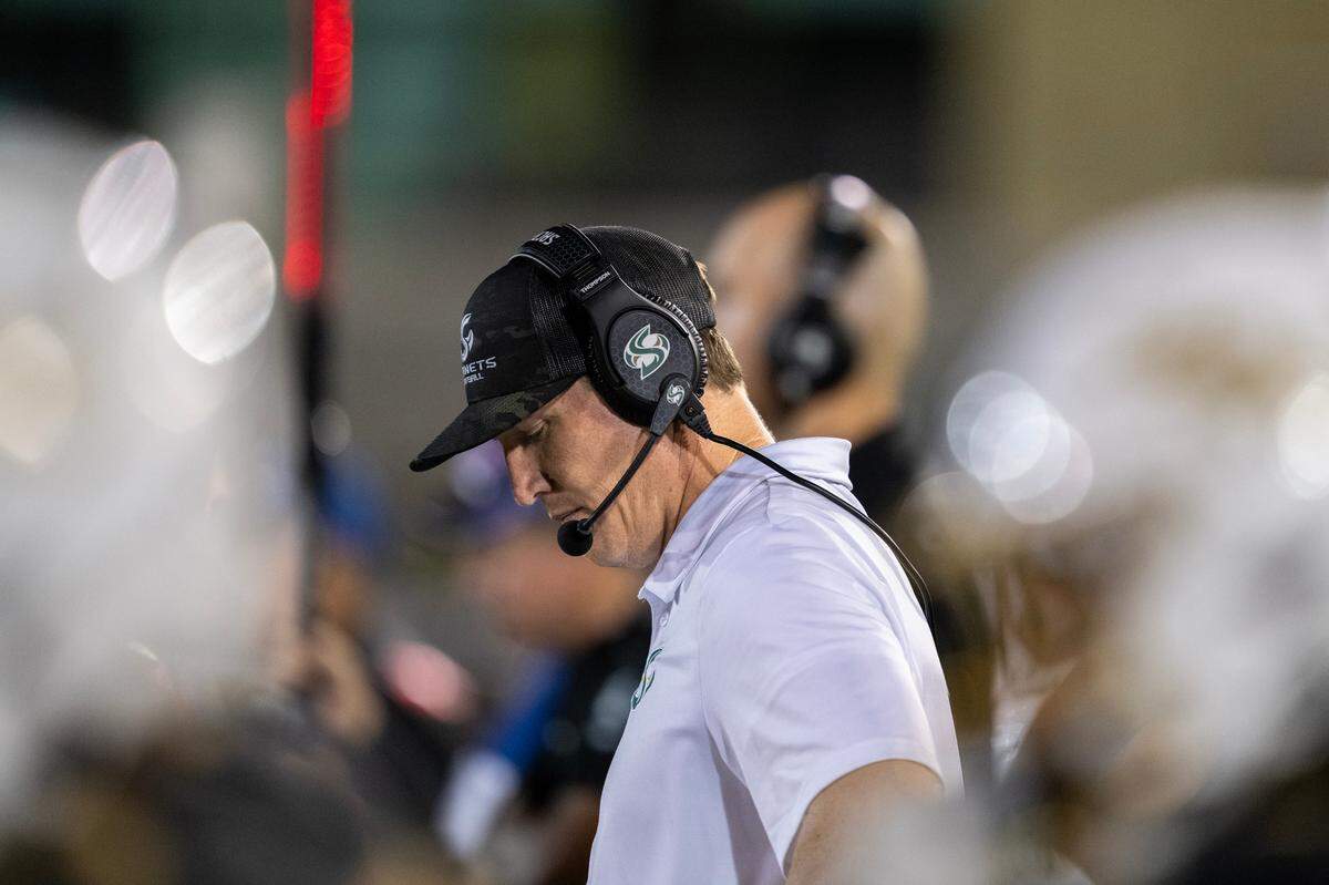 Sacramento State Hornets head coach Andy Thompson reacts to a Hornet turnover against the Eastern Washington Eagles in the second half on Saturday, Oct. 12, 2024 at Hornet Field.
