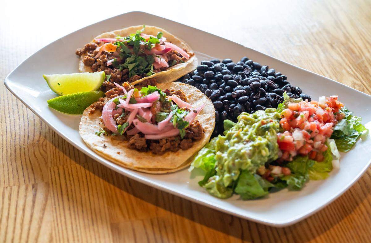 Mezcal Grill’s Impossible al pastor taco plate is photographed at their West El Camino Avenue location Friday, Oct. 28, 2022, in Sacramento.