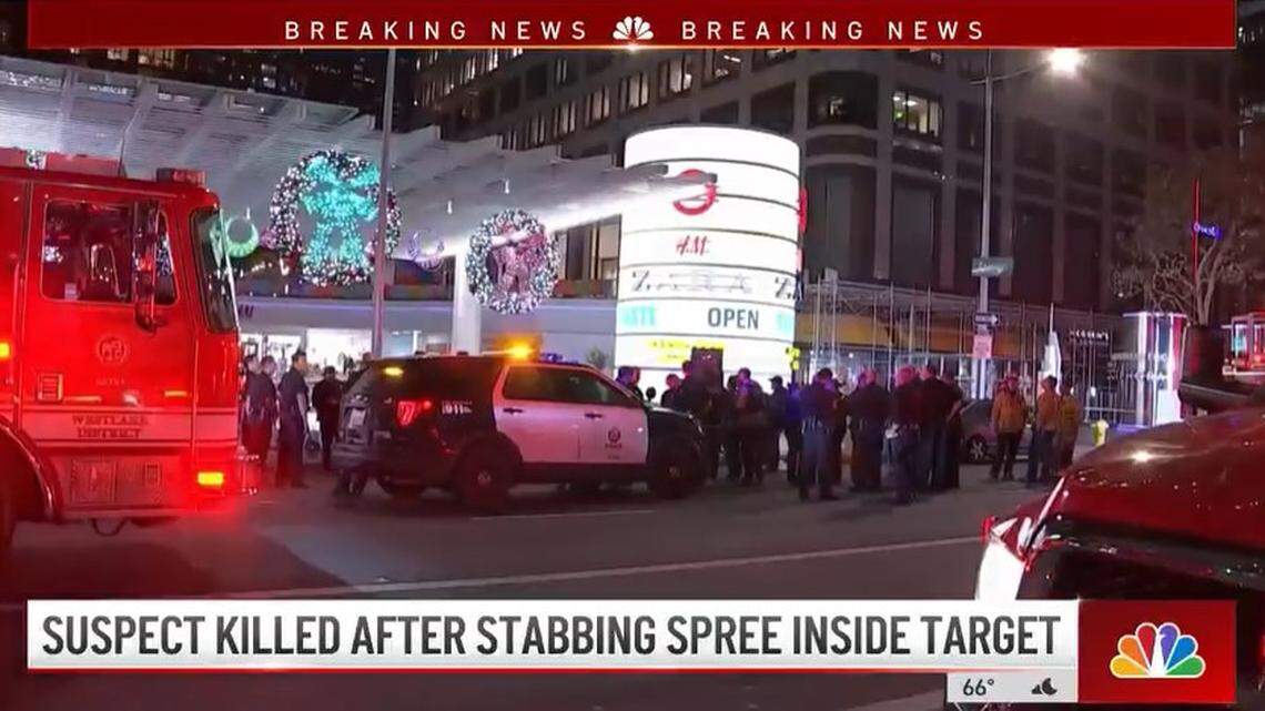 A man stabbed a 9-year-old boy and others with a butcher knife before being killed at a Target store in Los Angeles, California police say.