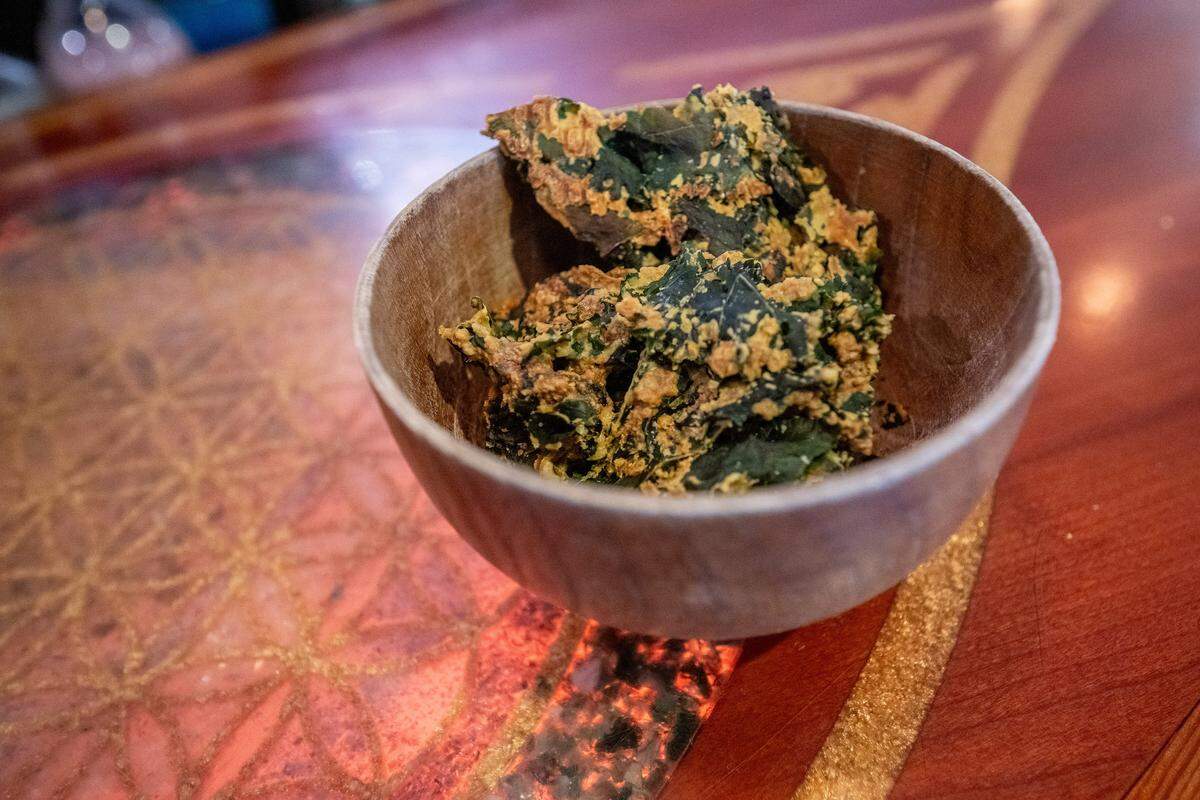 Kale chips are among the most popular snacks served with mocktails at Elixart in Nevada City on Thursday, May 28, 2026. 