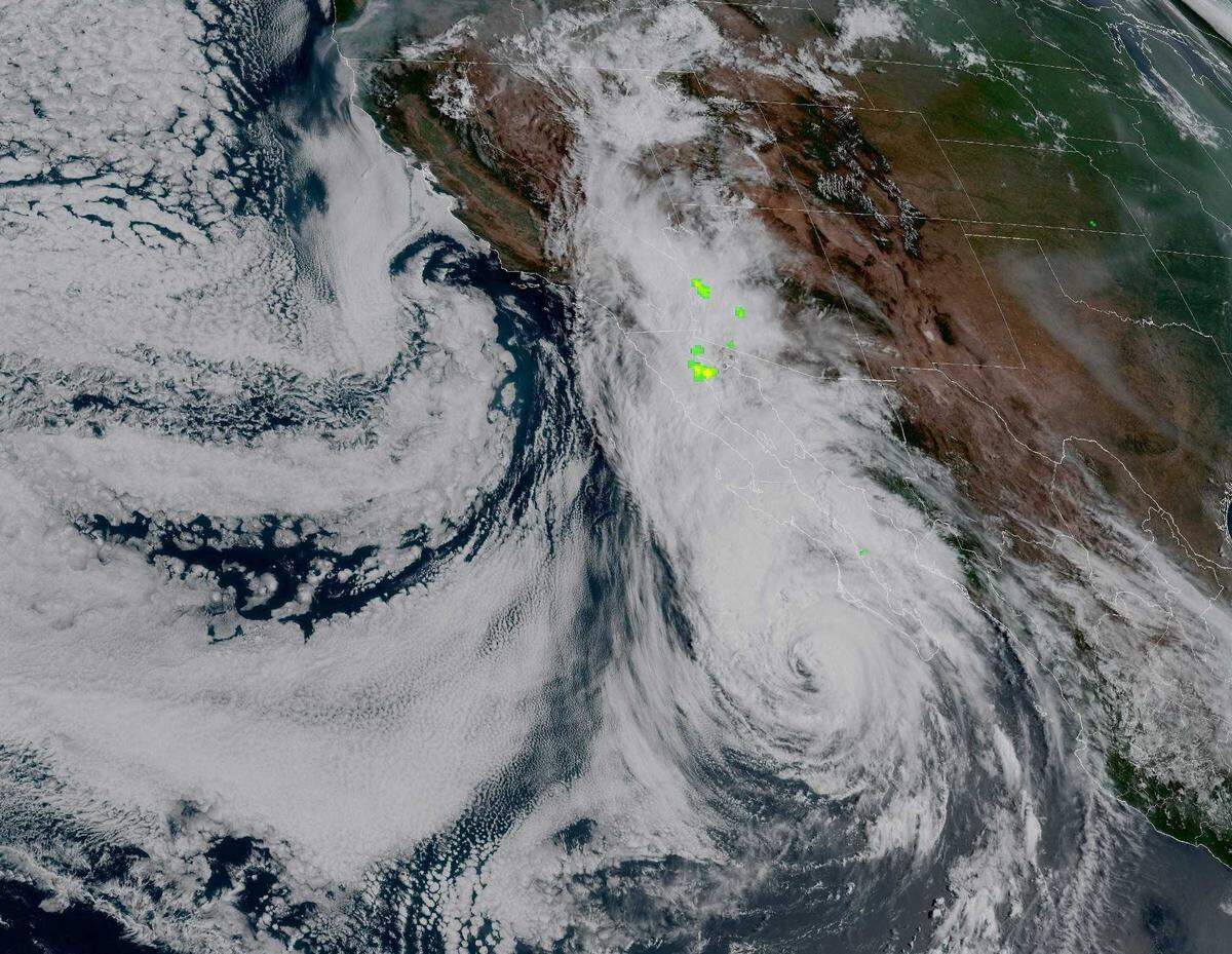 A satellite image shows Hurricane Hilary, moving closer to the Pacific Coast of Baja California.