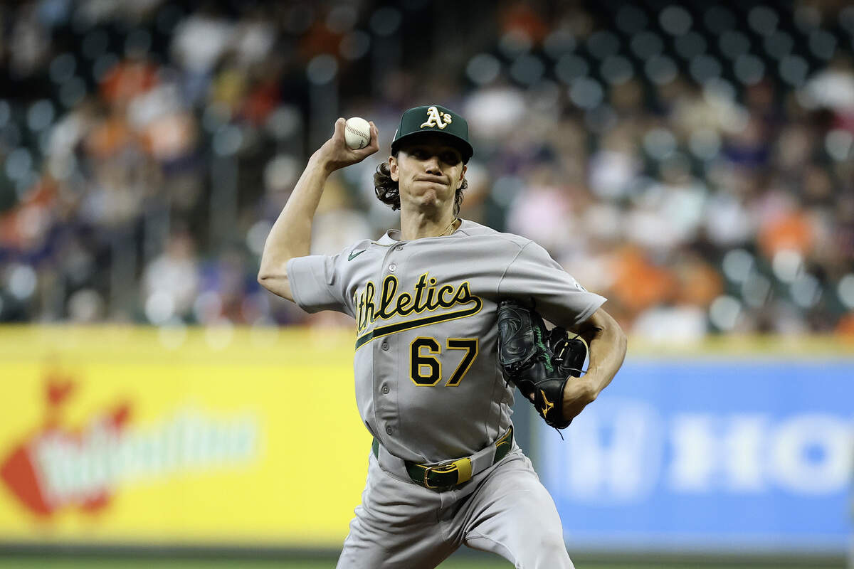 Kade Morris (67) of the Athletics pitches in his MLB debut against the Houston Astros during the first inning at Daikin Park on June 6 in Houston, Texas. Morris was recalled to the A’s on Monday.
