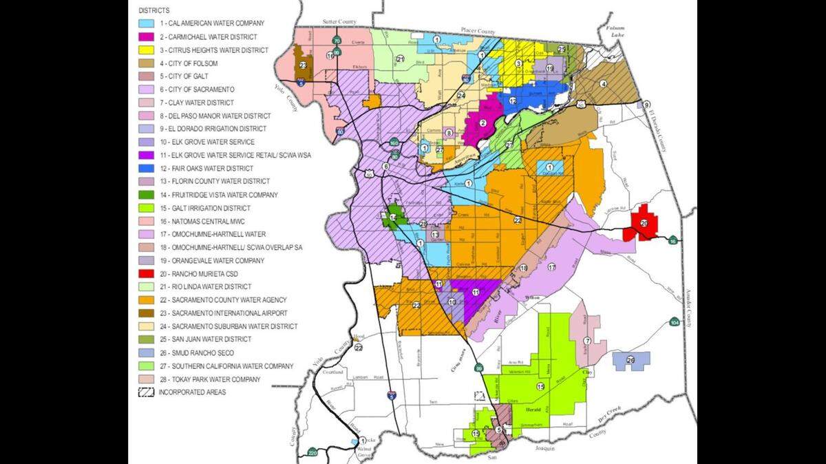 A map shows the water districts serving Sacramento County. A grand jury report found that the board of directors for the Florin County Water District, No. 13 on the map, has suffered from infighting and dysfunction.