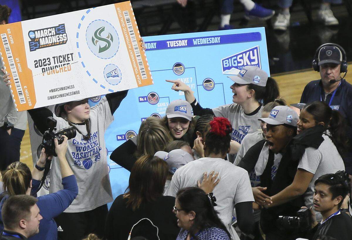 The Sacramento State Hornets celebrate their victory against the Northern Arizona Lumberjacks at Idaho Central Arena on Wednesday, March 8, 2023, earning the school’s first appearance in the women’s NCAA Tournament.