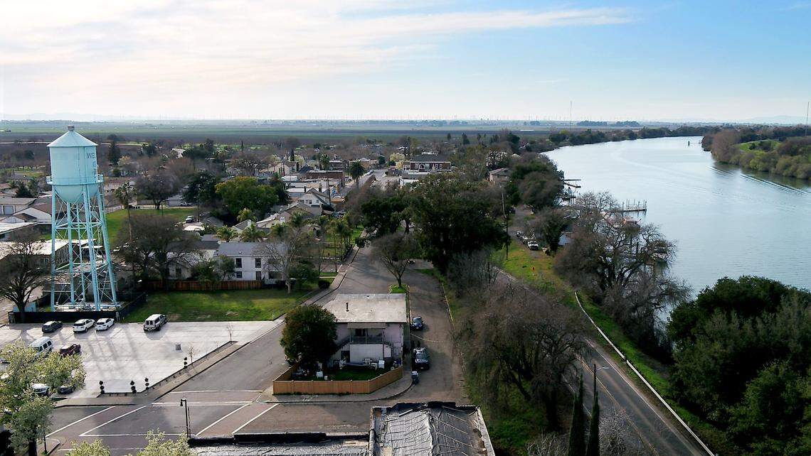 The tiny Delta city of Isleton, shown in a drone image from Friday, Feb. 21, 2020.