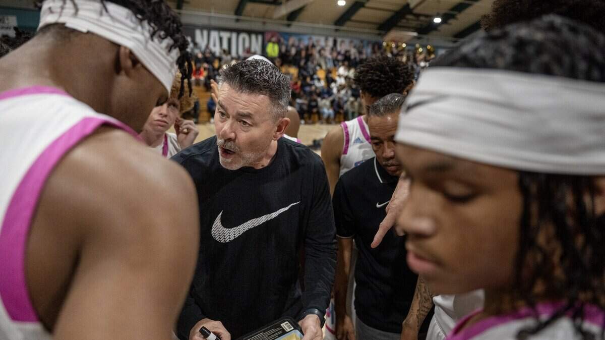 Sheldon Huskies boys basketball coach Joey Rollings diagrams a play during a timeout against the Monterey Trail Mustangs on Jan. 14. Sheldon's season ended Wednesday with a road loss to St. Ignatius of San Francisco in a CIF Northern California Regional Open Division game.