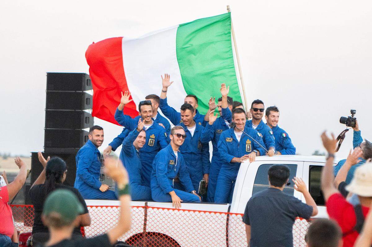 Frecce Tricolori jet team members wave to the California Capital Airshow crowd at Mather Airport near Rancho Cordova on Saturday, July 13, 2024. The Italian team arrived in Sacramento earlier this week as part of its North American tour.