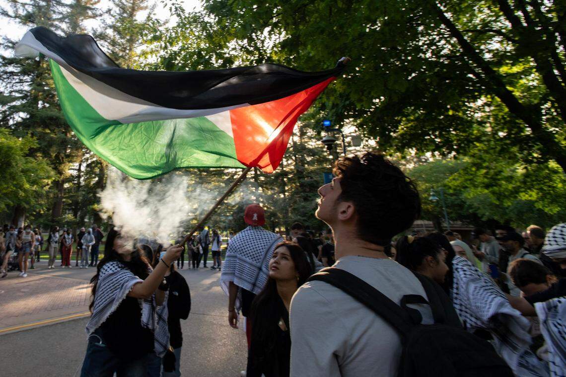 Pro-Palestinian activists wave flags following a festive dance Tuesday, April 30, 2024, at Sacramento State as they protested the war in Gaza. The protesters are asking the university to divest from investments in Israel.