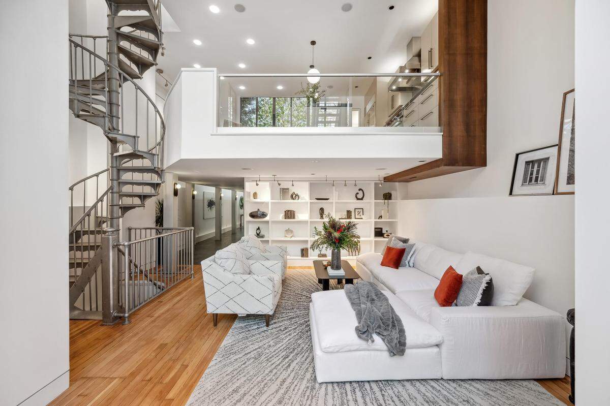 The spiral staircase inside the 6,000-square-foot San Francisco home is the original from when the property was a firehouse.