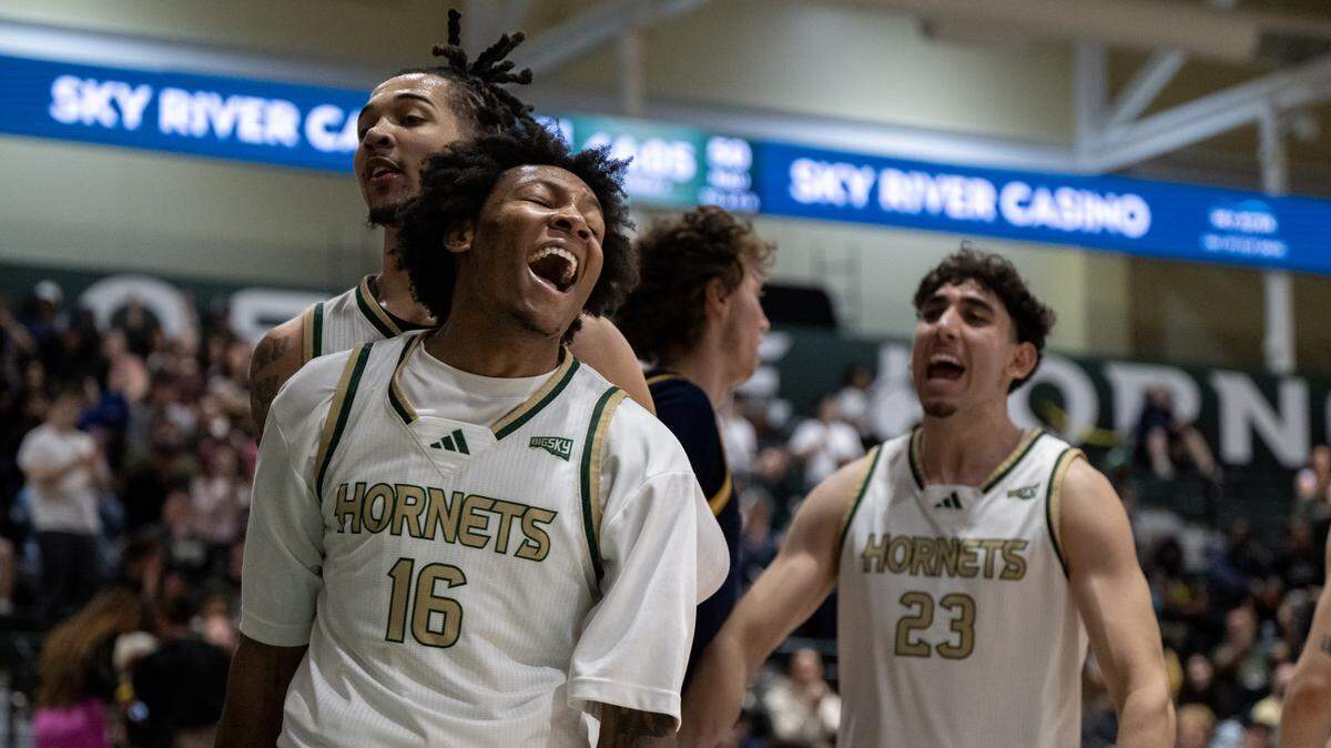 Sacramento State Hornets guard Prophet Johnson (16) reacts after making a basket as he was fouled by the Northern Arizona Lumberjacks in the second half Thursday in Sacramento.