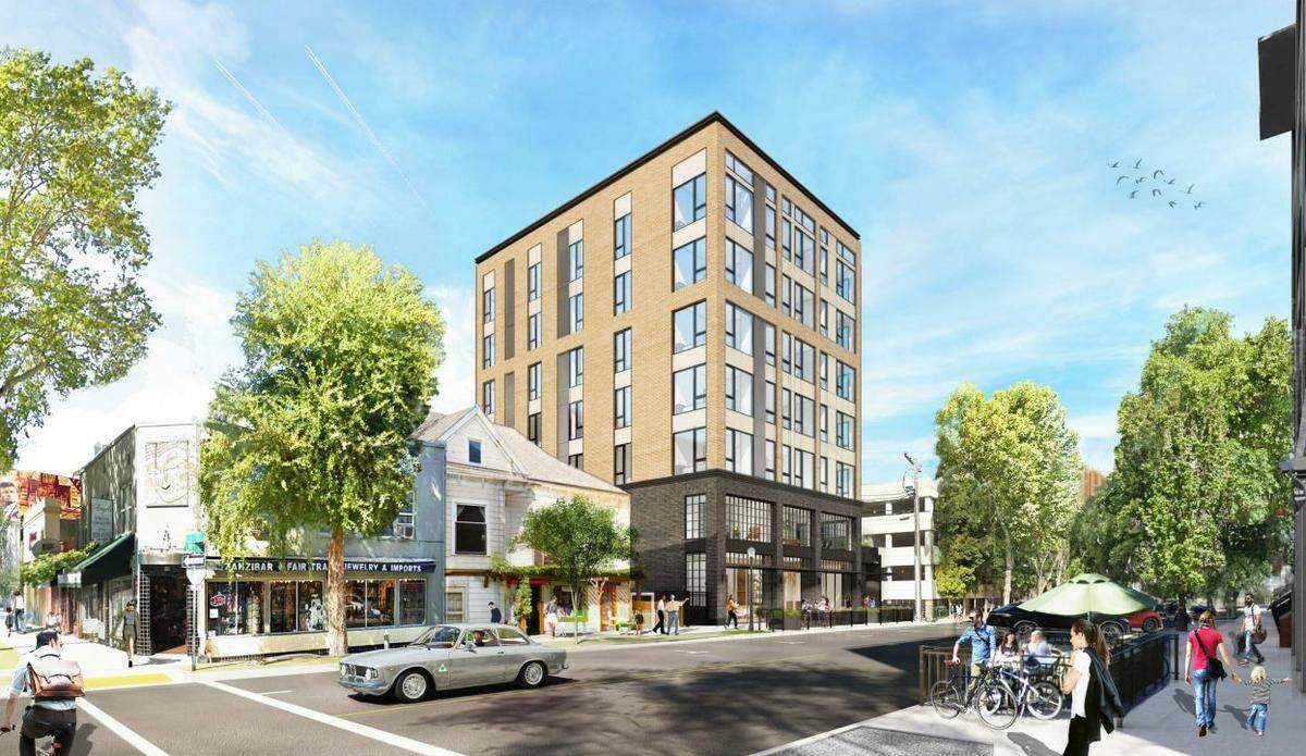 An architectural rendering of a planned 30,000-square-foot, seven-story mixed-use apartment complex project at 1116 18th Street in midtown Sacramento.