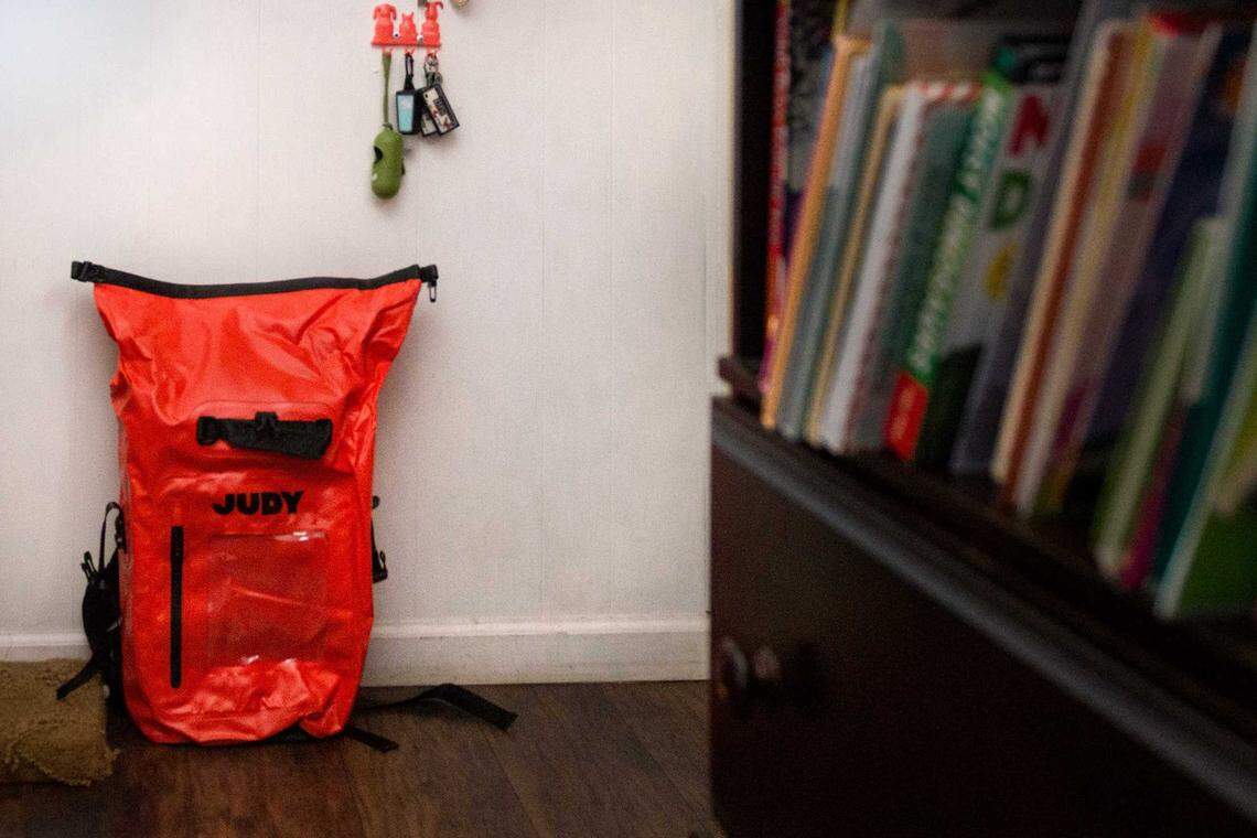 After evacuating the 2017 Tubbs Fire, an emergency “go bag” now sits by the front door of the Bravo home. Tucked inside are food, water, flashlights, and other necessities.