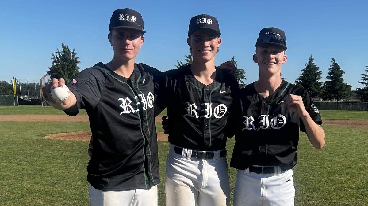 From left: Joey Dormann, Everett Fillipo and Pierce Tully combined on back-to-back perfect games for Rio Americano during the CIF Sac-Joaquin Section playoffs. The Raiders beat Patterson 10-0 on Friday at home. Fillipo, the catcher, caught the perfect games by pitchers Tully and Dormann.