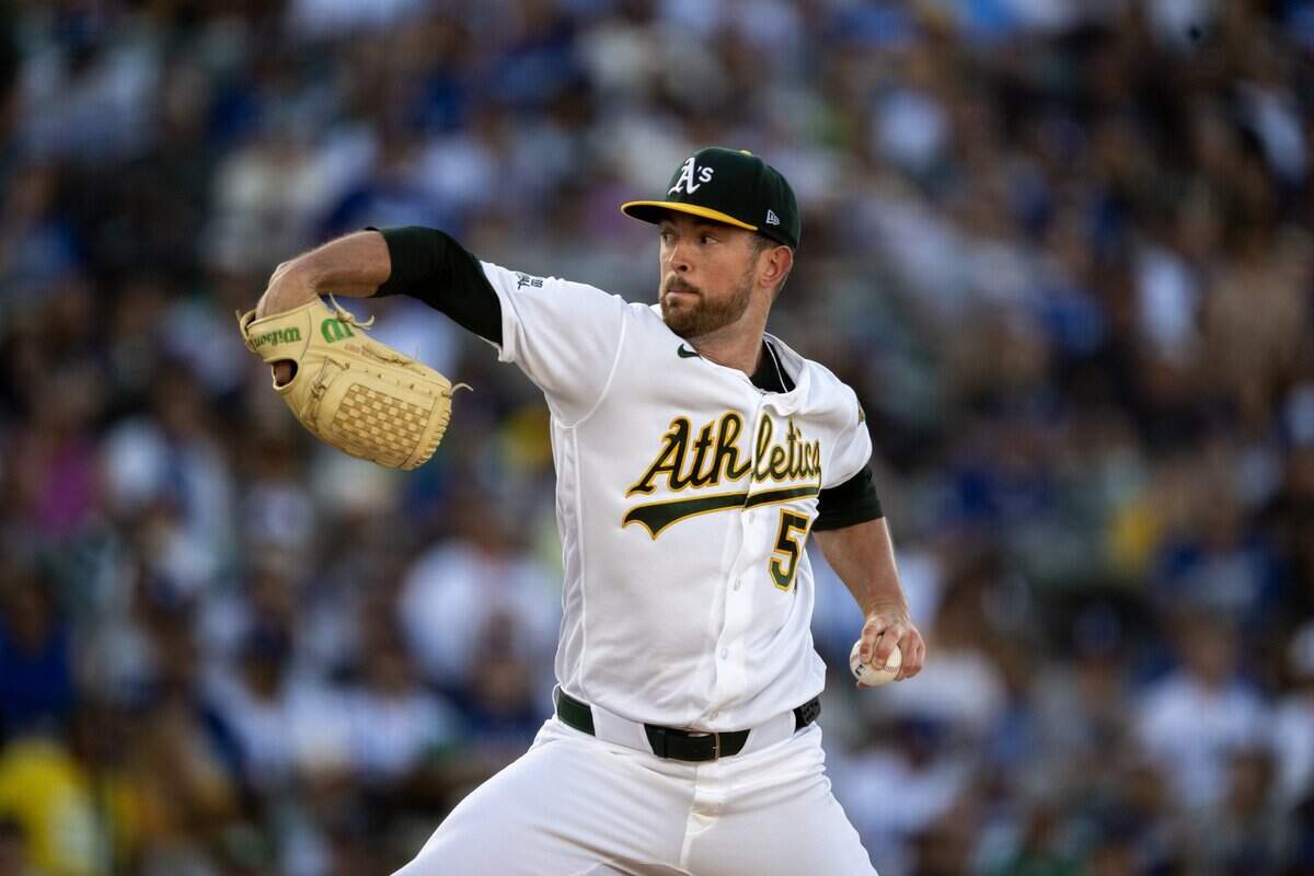 Athletics starting pitcher Jeffrey Springs throws a pitch against the Los Angeles Dodgers in the first inning at Sutter Health Park on Tuesday in West Sacramento.