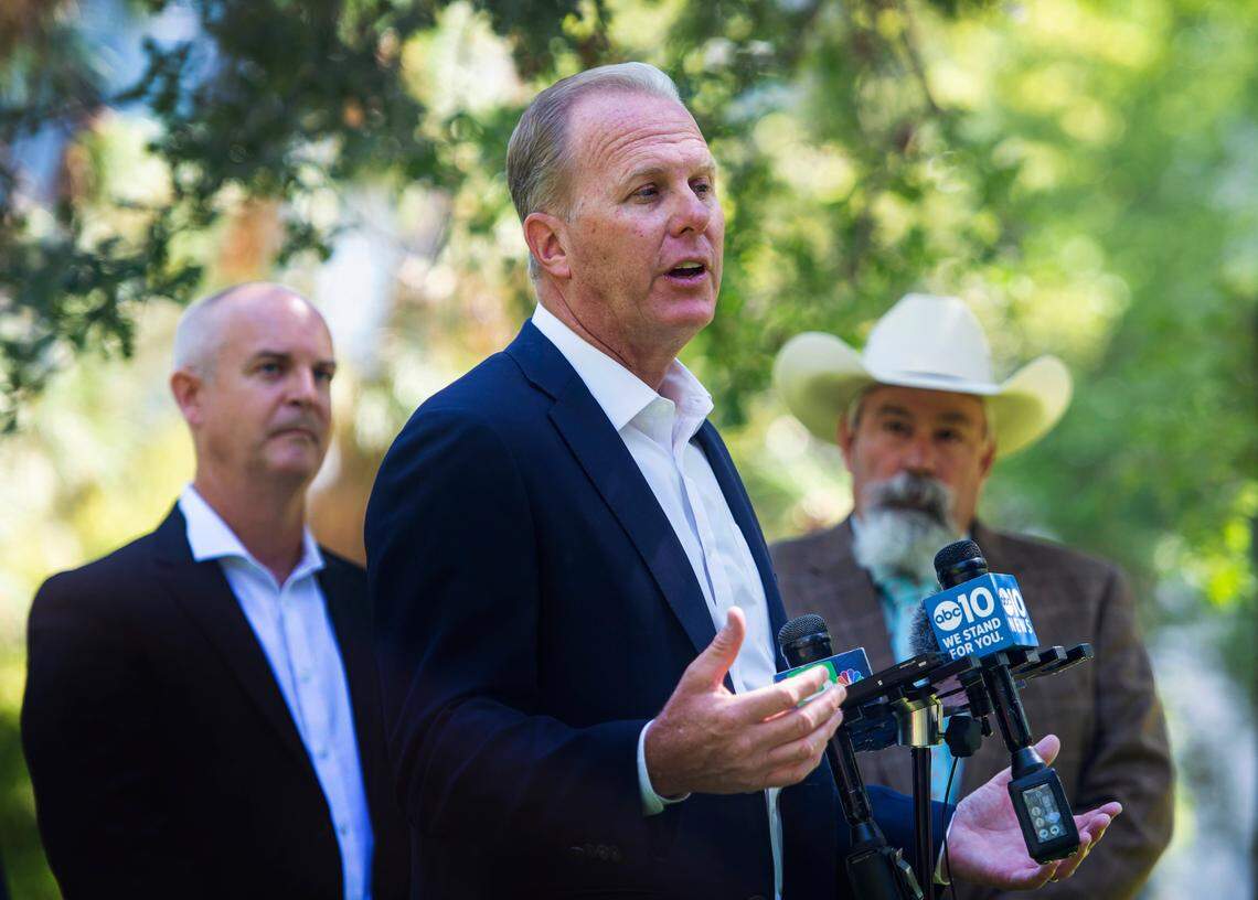 Former San Diego Mayor and California recall candidate for governor, Kevin Faulconer, speaks about his plan to prevent wildfires during a press conference at Capitol Park in Sacramento on Tuesday, July 13, 2021. “I am going to treat this like the emergency that it is,” Faulconer said. “And as governor I will declare a statewide emergency to allow for fuel reduction for all the projects on the list that haven’t been able to go through.”