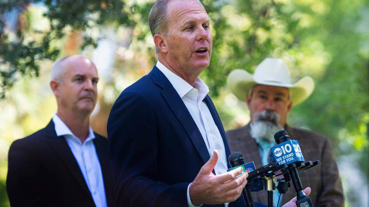 Former San Diego Mayor and California recall candidate for governor, Kevin Faulconer, speaks about his plan to prevent wildfires during a press conference at Capitol Park in Sacramento on Tuesday, July 13, 2021.