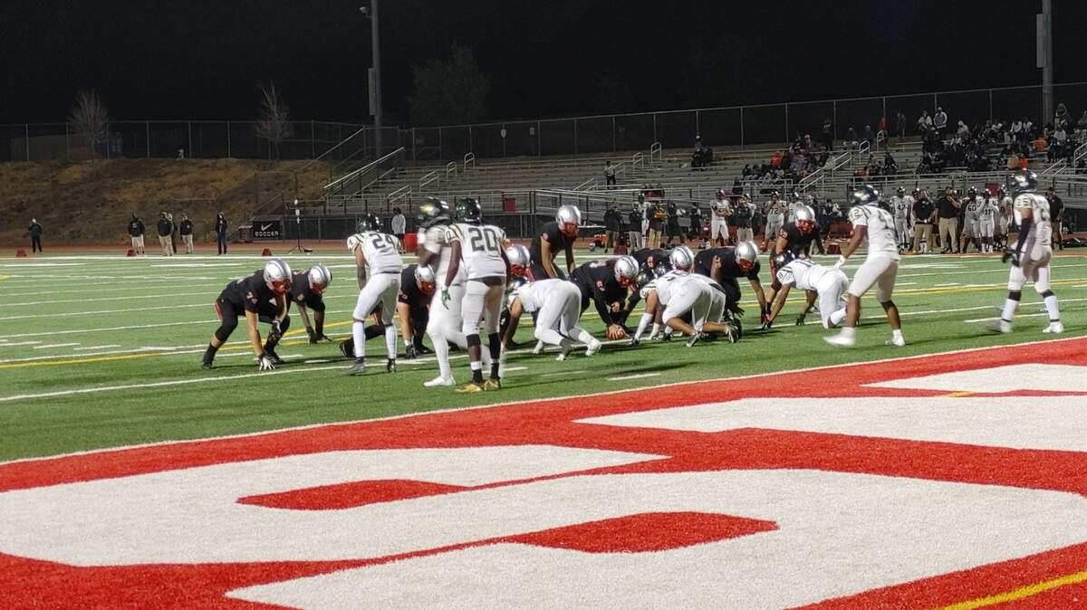 The Antelope football team lines up in the red zone during a game against Monterey Trail on Friday. Monterey Trail won 55-19 and ended the Spring football season undefeated.