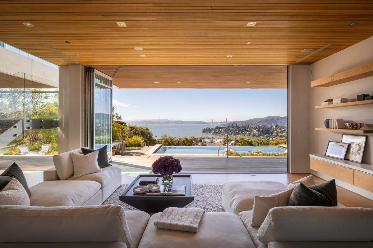 Family room and pool views of San Francisco Bay in Tiburon.