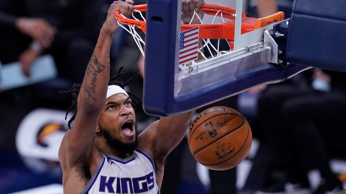 Sacramento Kings’ Marvin Bagley III dunks during the first half of the team’s NBA basketball game against the Indiana Pacers, Wednesday, May 5, 2021, in Indianapolis. (AP Photo/Darron Cummings)