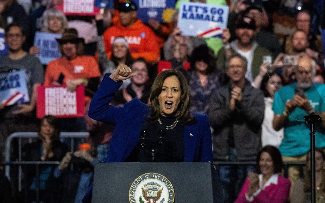 Democratic presidential candidate Vice President Kamala Harris speaks during a campaign stop at the Reno Events Center on Oct. 31, 2024.