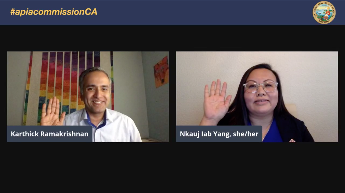 Nkuaj Iab Yang, right, is sworn in through a virtual ceremony as the first executive director of the California Commission on Asian Pacific Islander American Affairs by commission chair Dr. Karthick Ramakrishnan, left.