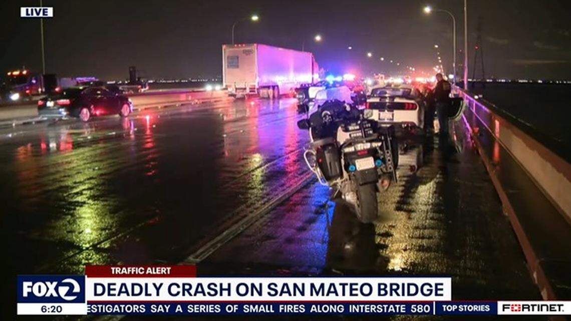 A man driving a stolen Mustang died on the San Mateo Bridge after being hit exiting his car after it ran out of gas during a police chase, California authorities say.