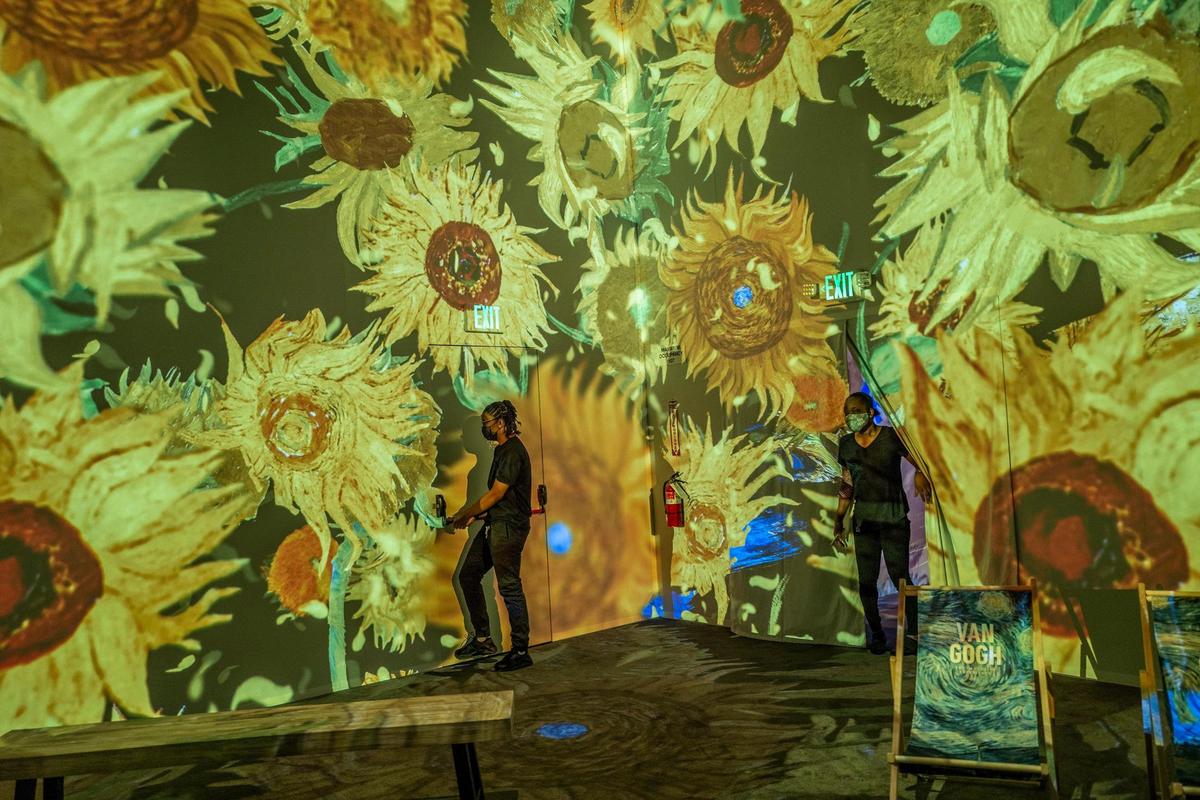 Workers tour the 10,000 square foot gallery at the Van Gogh Immersive Experience in West Sacramento on Tuesday, June 28, 2022. “This is our crown jewel,” said John Zaller, the executive producer of the exhibition hub, as he described the 35 minute projection loop. “Van Gogh’s work comes to life like you’ve never seen before,” he said.