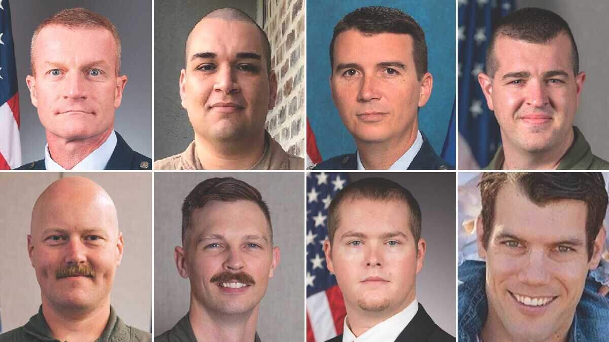 The eight victims of a B-52 crash at Edwards Air Force Base, Calif., on Monday, June 15, 2026, are (from left to right, top row) Col. Gregory Watson, 53; Lt. Col. Gabriel Estrella, 40; Lt. Col. (ret.) Miles Middleton, 50; Maj. Alexander Davis, 34; (left to right, bottom row) Maj. Robert Dee, 40; Maj. Brad Hovey, 35; Jeromy Smith, 32; and Christopher Rischar, 41.