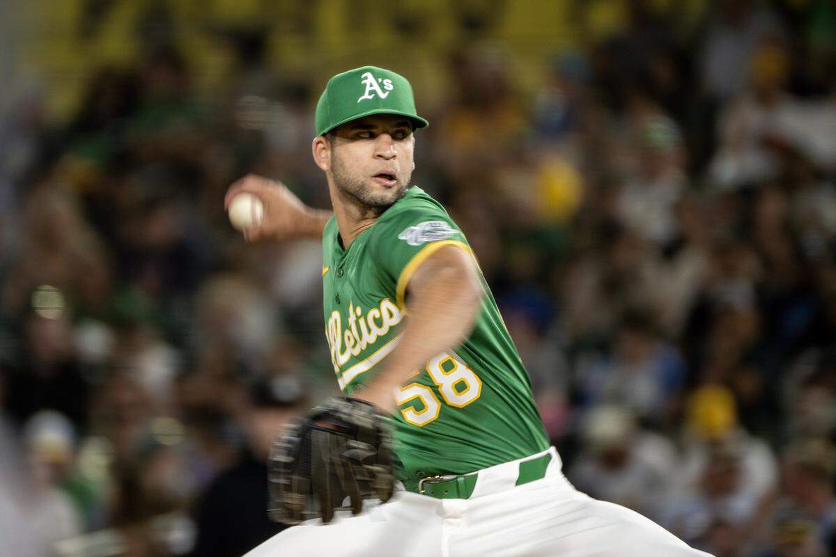 Athletics pitcher Luis Morales pitches in the sixth inning against the Arizona Diamondbacks in his MLB debut during a game at Sutter Health Park on Friday in West Sacramento. 
