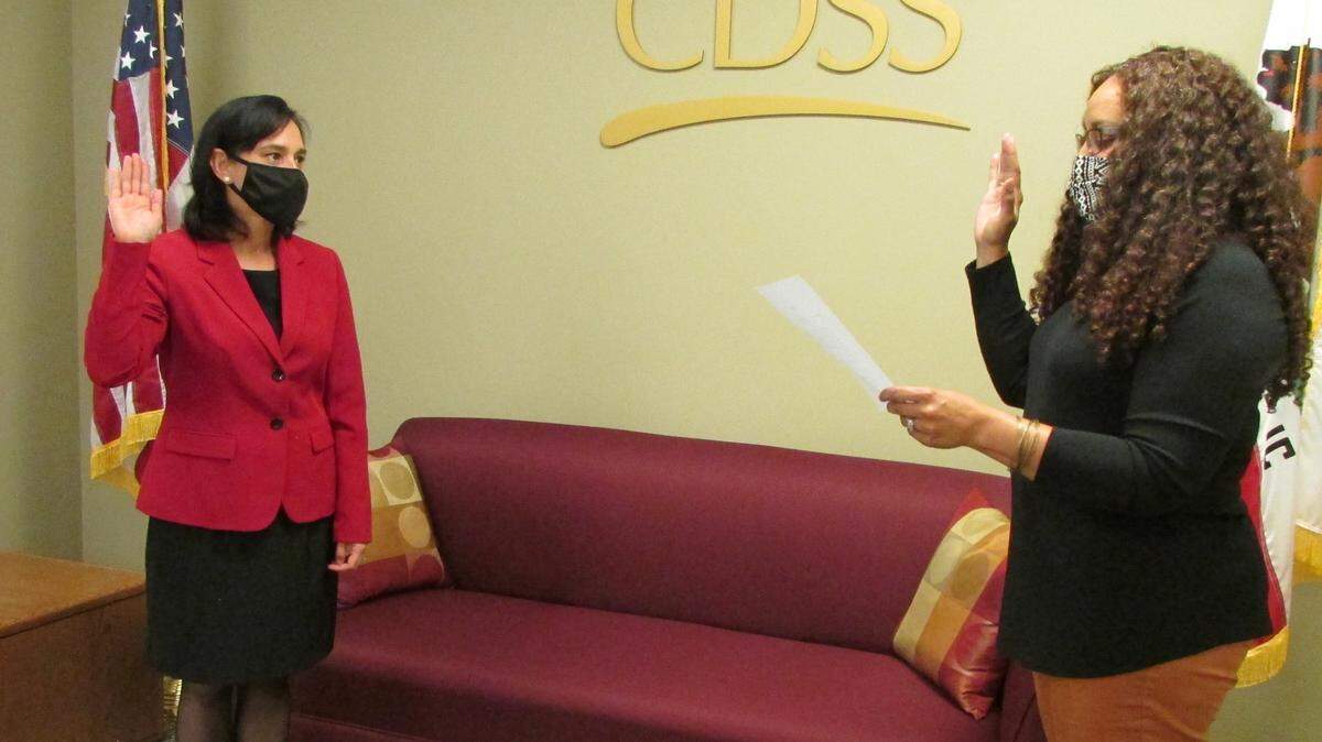 Chevon Kothari, left, was sworn in July 2020 as the chief deputy director at the California Department of Social Services. Sacramento County supervisors are considering her as the new director of the Department of Health Services.