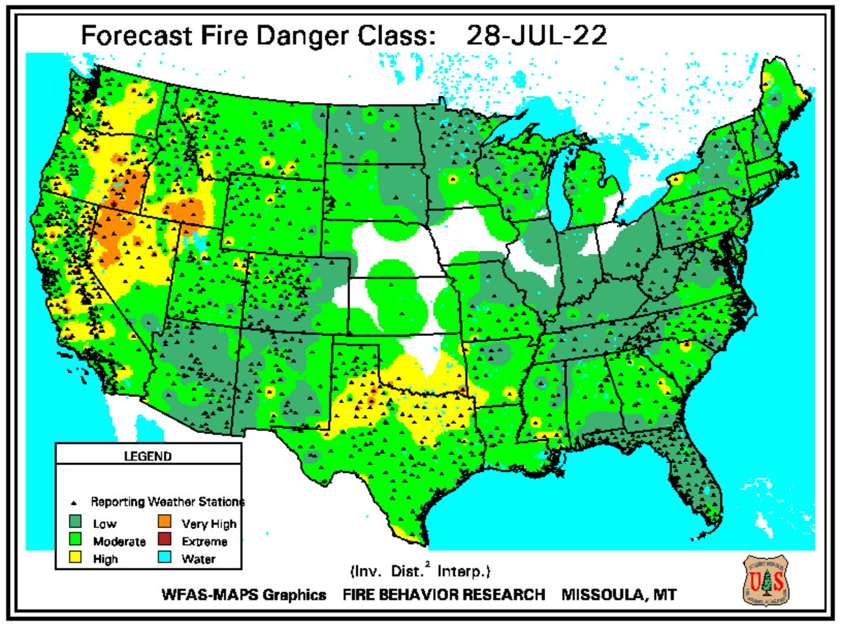 A forecast map from the National Interagency Fire Center shows expected fire danger across the U.S. Thursday, July 28, 2022. Danger is heightened along the West Coast due to a heat wave.