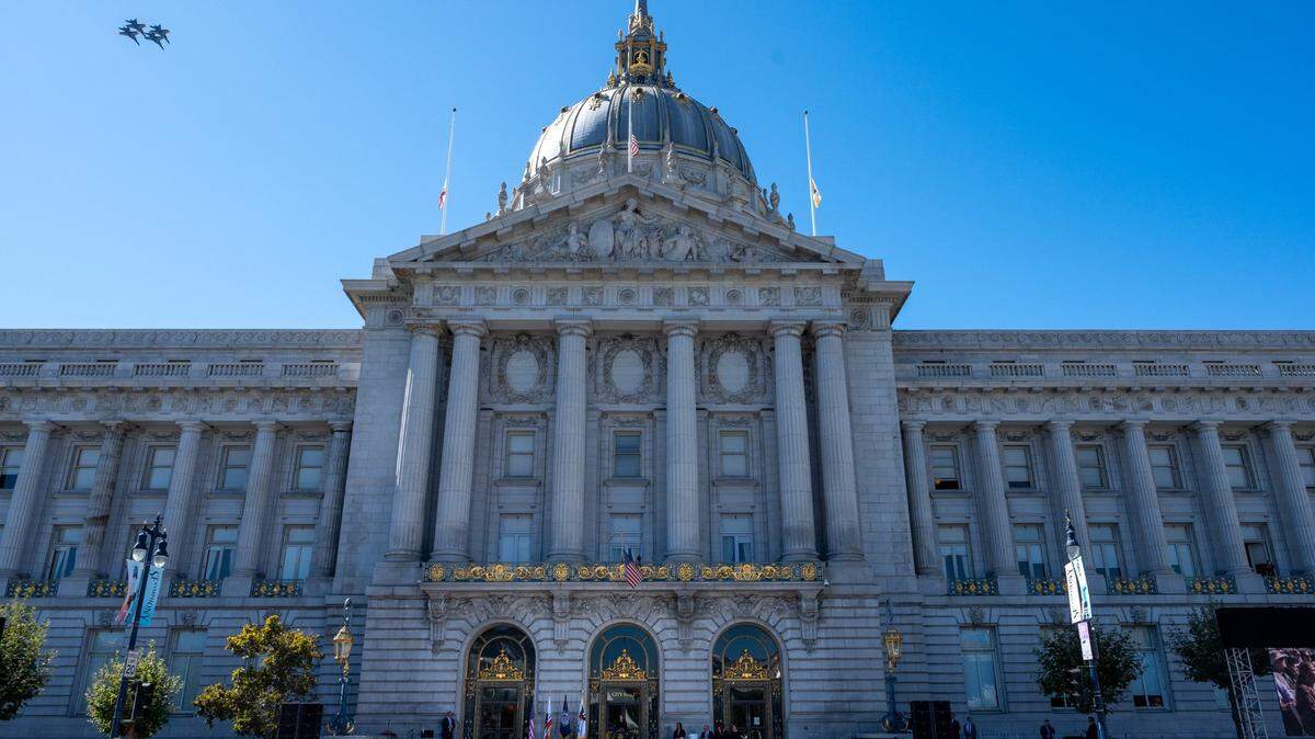 The U.S. Navy Blue Angels fly over San Francisco City Hall during the memorial service for Sen. Dianne Feinstein on Thursday.