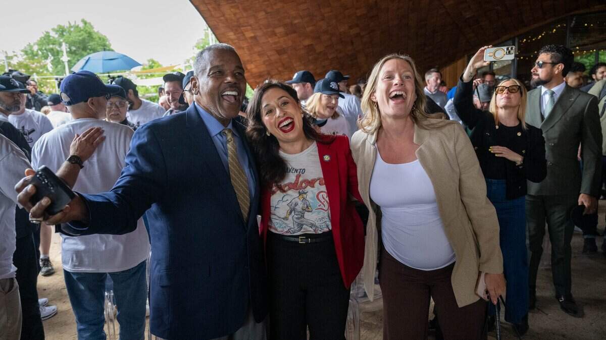 Sacramento City Council Members Rick Jennings, Karina Talamantes and Caity Maple celebrate the region’s Major League Baseball expansion bid in May. Maple and Jennings launched the effort to get Juneteenth recognized as a Sacramento city holiday.
