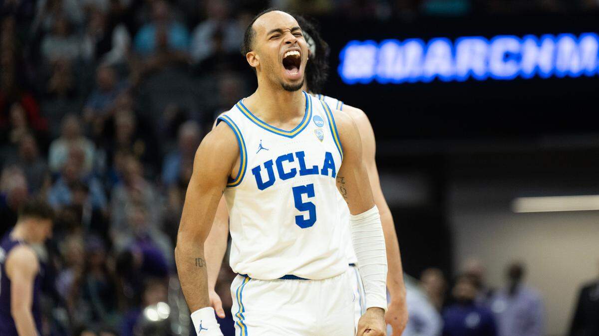 UCLA Bruins guard Amari Bailey (5) reacts against the Northwestern Wildcats in the NCAA Tournament at Golden 1 Center in Sacramento on Saturday.