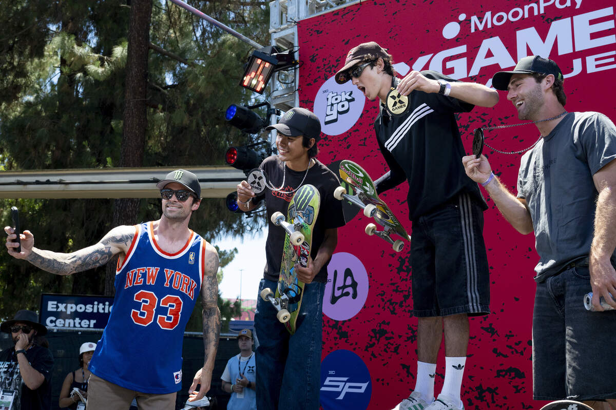 Medalists JD Sanchez, Gui Khury and Tom Schaar take a selfie together at the podium after medaling in the Moonpay Men’s Skateboard Vert final  as a part of X Games Sacramento at Cal Expo in Sacramento on Sunday, June 28, 2026.