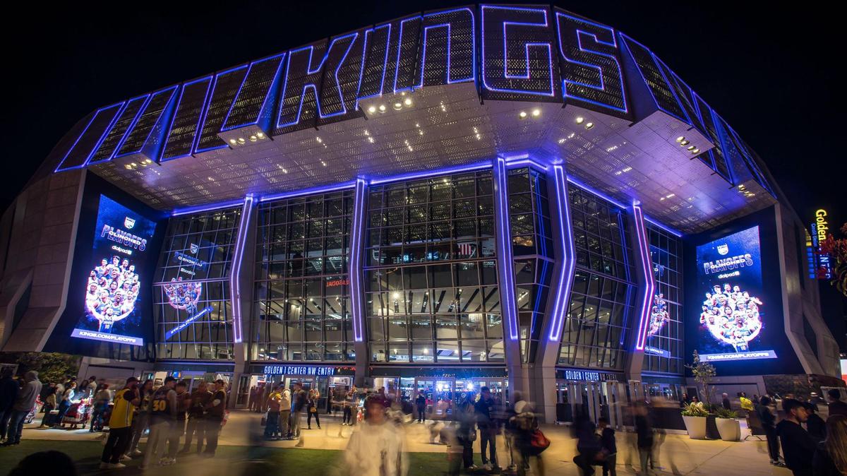 Golden 1 Center is lit in purple and is finally the site of playoff basketball for the Sacramento Kings. The Kings moved into G1C in 2016.