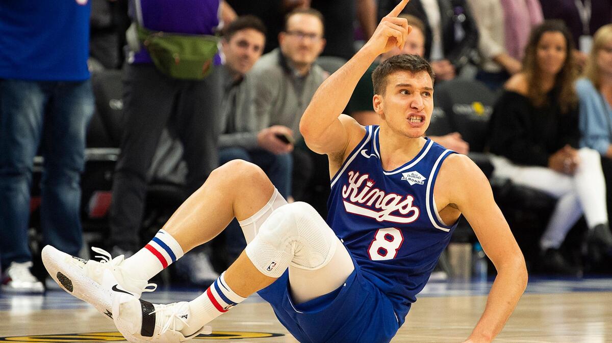 Sacramento Kings guard Bogdan Bogdanovic (8) reacts to foul called on him during a game at the Golden 1 Center on Tuesday, November 12, 2019 in Sacramento.