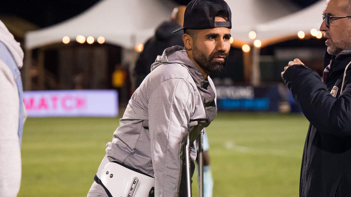 Sacramento Republic FC forward Rodrigo Lopez heads off the field on crutches after spending time with the team after their 4-2 loss to the Colorado Rapids in the U.S. Open Cup Round of 32 soccer match Tuesday, May 9, 2023, at Heart Health Park in Sacramento. He recently had surgery to repair a tendon in his right quadriceps.