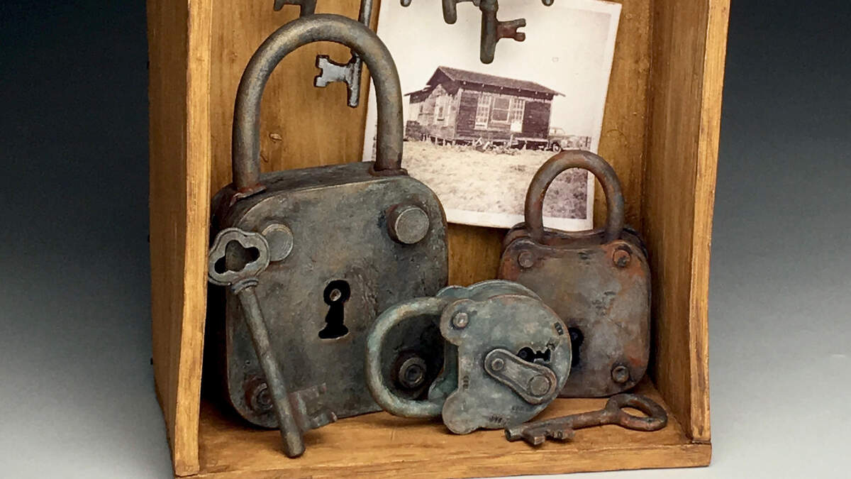 Claudia Tarantino’s porcelain sculpture, “Cabin Security,” captures a moment in time glazed with the patina of the past.