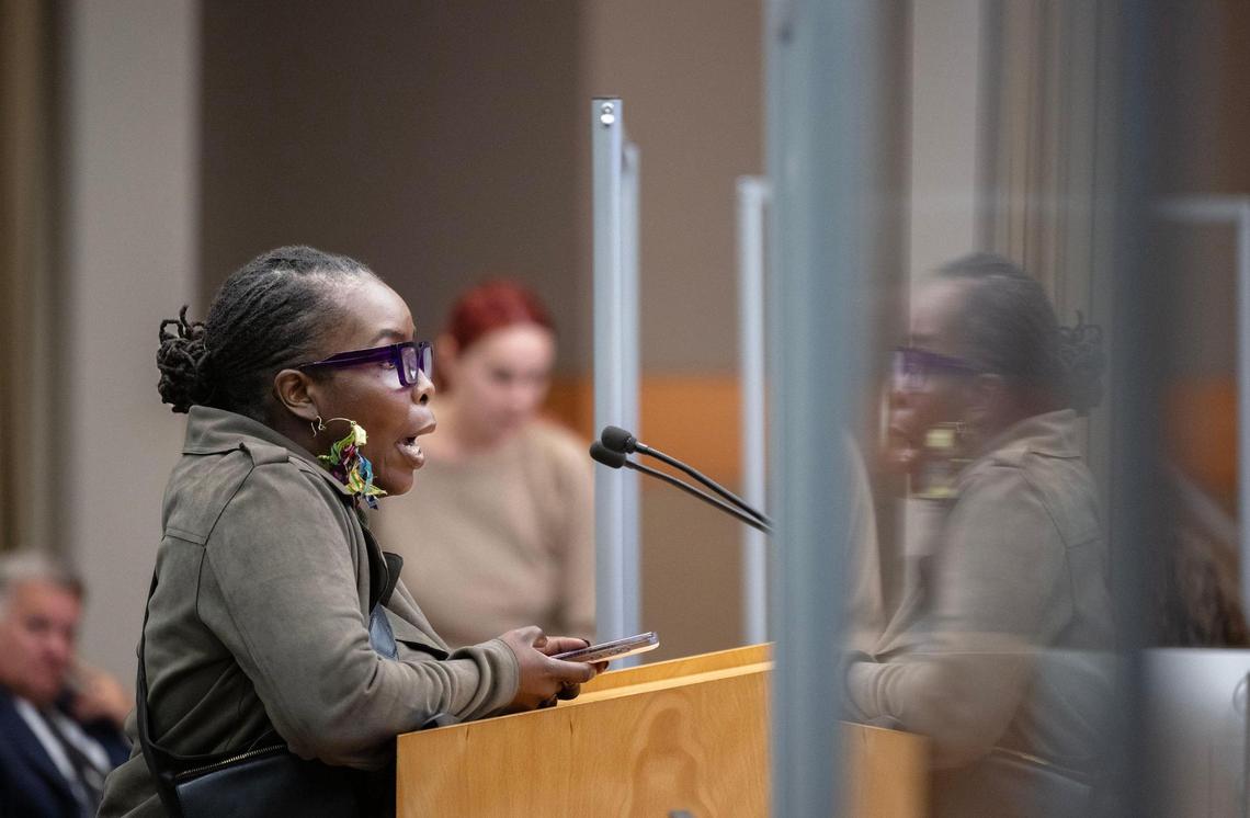 Former mayoral candidate Flojaune Cofer speaks against retaining Sacramento City Manager Howard Chan on Tuesday, Dec. 17, 2024, during public comment at the council meeting. The council voted not to retain him.